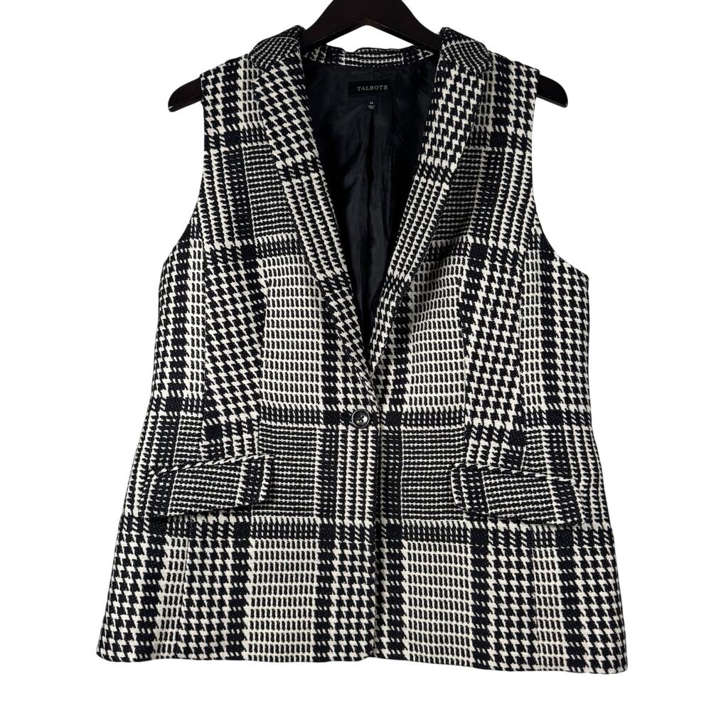 Talbots Blazer Vest Womens 14 Multi Houndstooth Glen Plaid Sleeveless One Button